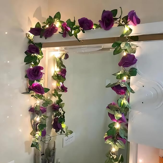 BLEUM CADE 5Pcs 41Ft Flower Garland Artificial Rose Vines with 32.8Ft String Lights, Cute Fake Hanging Flower Vines Floral Garland Decorations for Wedding Party Wall Room Decor Aesthetic