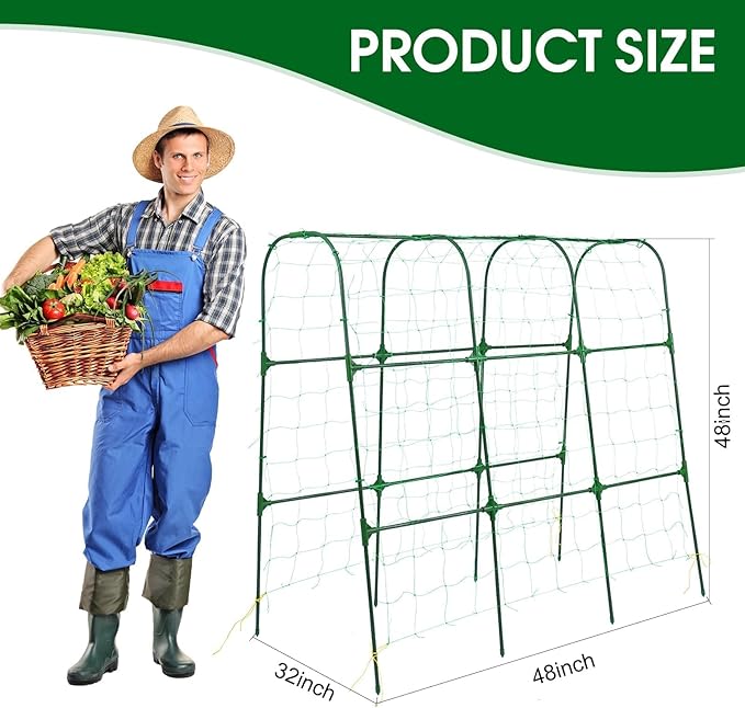Garden Arch Trellis for Climbing Plants Outdoor, 50x48 inch Cucumber Trellis Raised Bed, Rustproof Metal Climbing Plant Support Vegetable Vine Flower Fruits, with Netting, Lightweight, Green