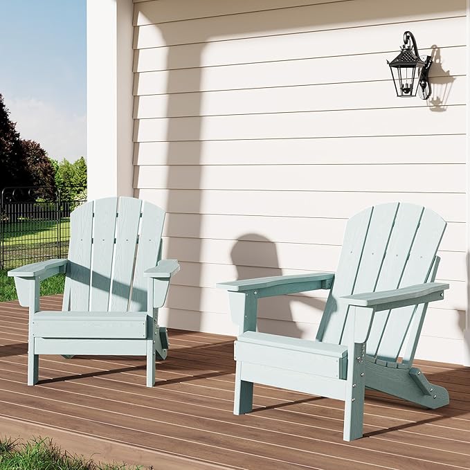 GarveeLife Folding Adirondack Chairs Set of 2, HDPE Plastic Outdoor Chairs with Wood Texture - 380 LBS & Weather Resistant for Fire Pit, Deck, Patio, Pool, Backyard - Light Blue