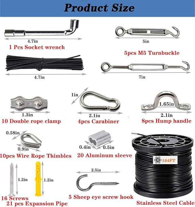 164FT Outdoor String Light Hanging Kit | Black Vinyl-Coated 304 Stainless Steel Wire Rope | Turnbuckles & Hooks | Rustproof Easy Install Set for Patio, Backyard, Garden