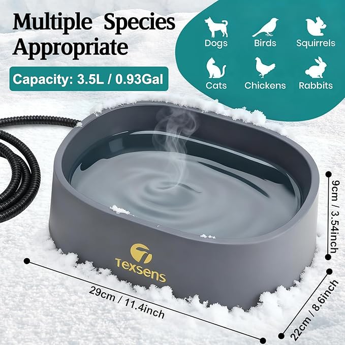 Heated Water Bowl for Large Dogs - 0.93 Gallon/118 OZ - Outdoor Pet Thermal Bowl with Chew-Proof Cord - Provides Drinkable Water in Winter - Suitable for Multi-Pets, & Cats, Chickens, Birds