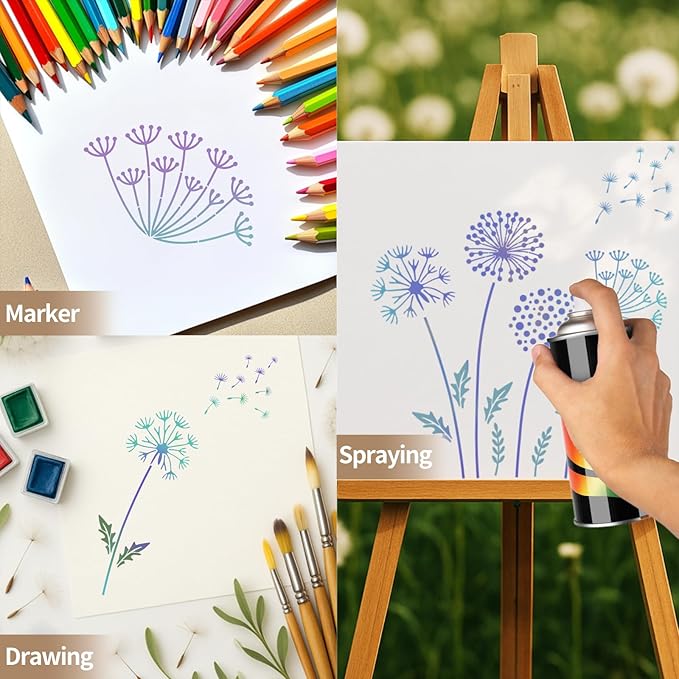 12PCS Large Flower Stencils for Painting on Wood 12 x 12 Inch Dandelion Stencil with Brushes Butterfly Stencil Large Floral Stencils for Walls Garden Fence Furniture Fabric