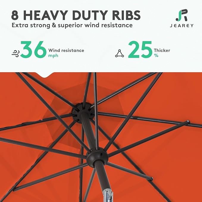 JEAREY 10FT Outdoor Patio Umbrella Outdoor Table Umbrella with Push Button Tilt and Crank, Market Umbrella 8 Sturdy Ribs UV Protection Waterproof for Pool, Garden (Orange)