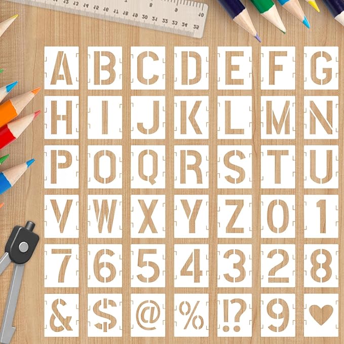 2.5 Inch Alphabet Letter Numbers Stencils, 42 PCS Plastic Letter Number Symbol Interlocking Drawing Template Kit for Painting on Wood Wall Fabric Rock Signage, Door Porch, DIY Art Projects