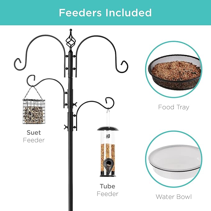 Best Choice Products 91in 4-Hook Bird Feeding Station, Steel Multi-Feeder Kit Stand for Attracting Wild Birds w/ 2 Bird Feeders, Mesh Tray, Bird Bath, 4-Prong Base - Black