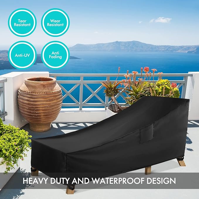 WLEAFJ Patio Chaise Lounge Cover Waterproof, Heavy Duty Outdoor Lounge Chair Covers, Black Durable Patio Furniture Covers, 78L x 34W x 32H inch