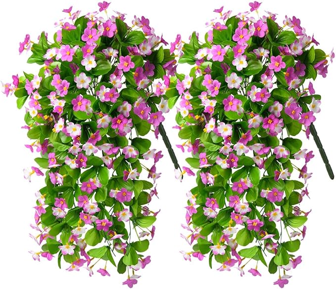 2 Pack Artificial Hanging Flowers, Fake Flowers Hanging Plant Violet Flower, Artificial Faux Silk Spring Flower for Wall Front Door Yard Garden Wedding Outdoor Decoration(Purple)