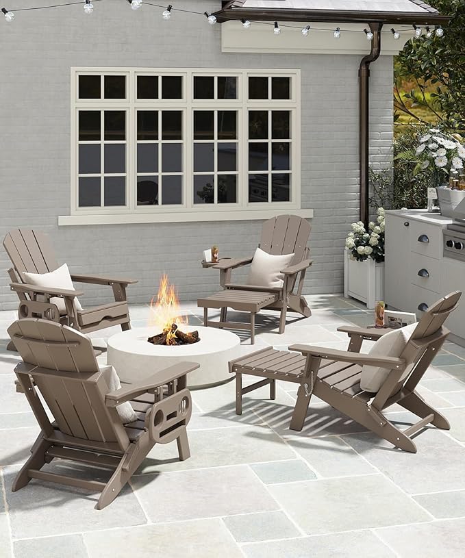 Adjustable Adirondack Chair with Retractable Ottoman Set of 6, HDPE Folding Adirondack Chair with Cup Holder, All Weather Fire Pit Chair for Outdoor.