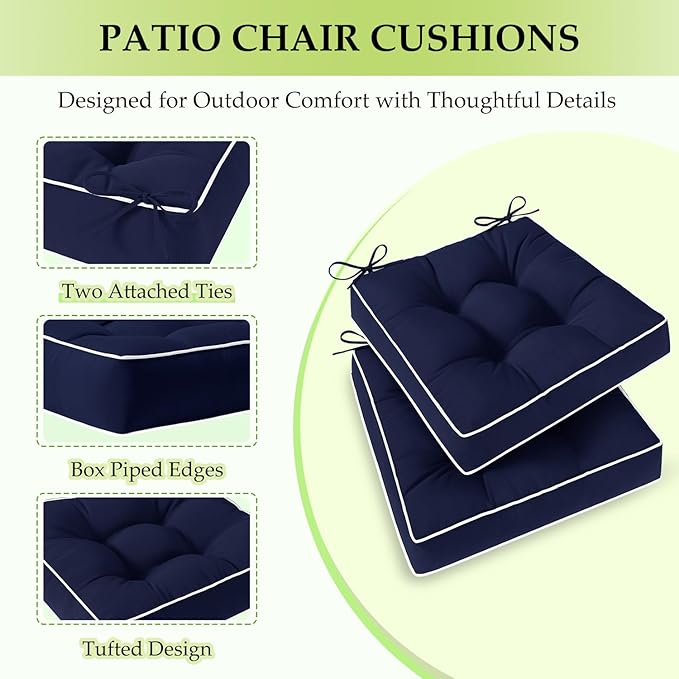 HARBOREST Outdoor Chair Cushions Set of 2, Tufted Patio Chair Cushions with Ties, Square Corner Outdoor Cushions for Patio Furniture, Lawn Chairs, Wicker Chairs, 17" x 17" x 5", Navy