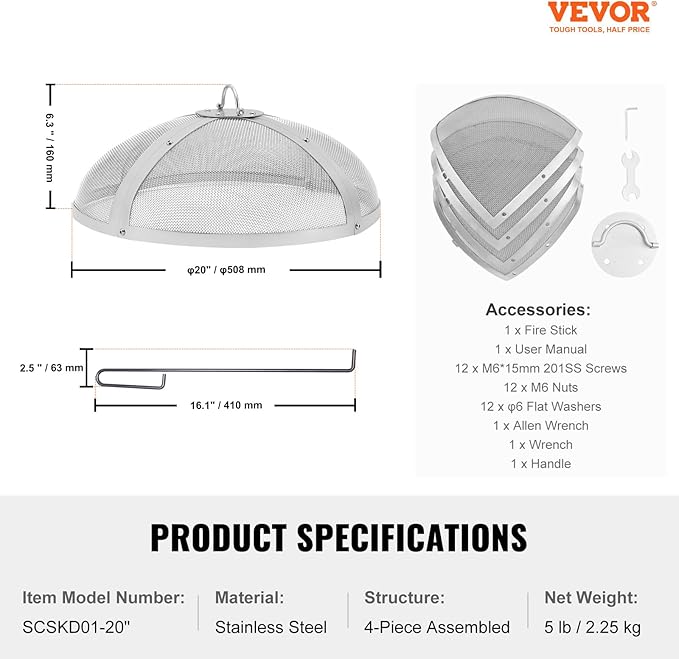 VEVOR Fire Pit Spark Screen Round 20", Reinforced Heavy Duty Steel Metal Cover, Outdoor Firepit Lid, Compatible with The Solo Stove Bonfire Ring Handle for Outdoor Patio Fire Pits Backyard