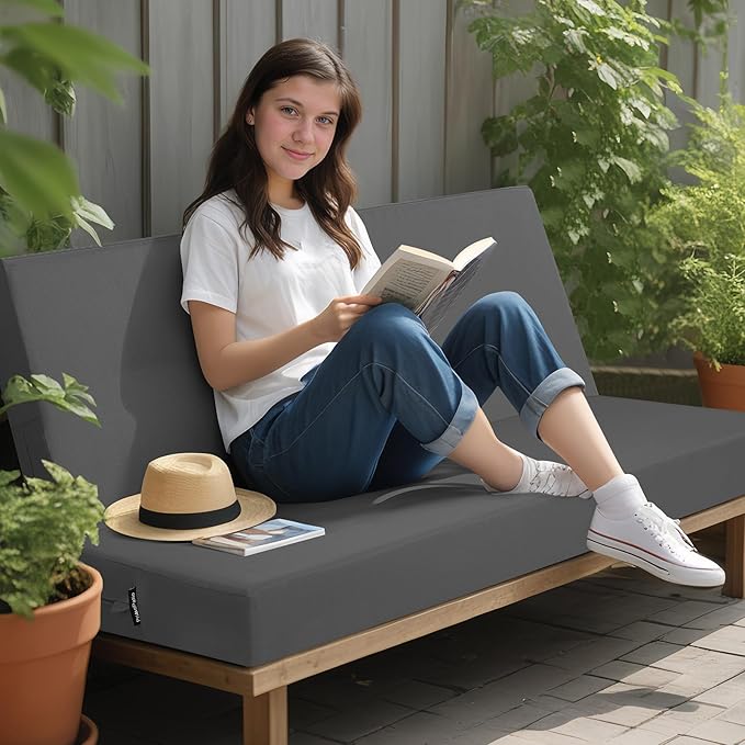 idee-home Outdoor Bench Cushion Waterproof, Bench Cushions for Outdoor Furniture, Patio Porch Swing Replacement Seat Pad with Ties for Garden Backyard, 48 x 18 Inch Dark Grey