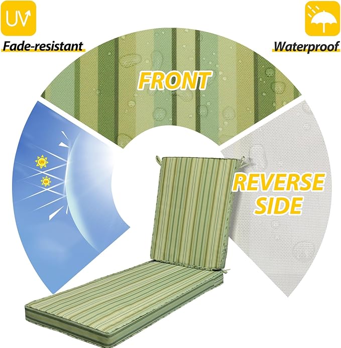 AAAAAcessories Outdoor Chaise Lounge Cushions, Fade-Resistant, Waterproof Patio Furniture Replacement Cushions, 80" x 26" x 3", Mossy Forest Stripe