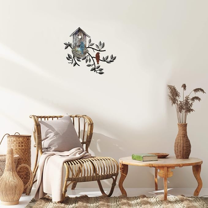 Peryiter Birds Wall Metal Decor for Outdoor Art Hanging Metal Tree with Birdhouse for Living Room Tree Leaf Wall Decor for Indoor Outdoor Garden(Brown)