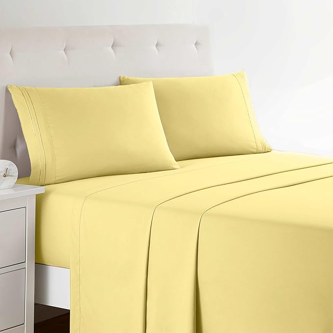 Clara Clark Bed Sheets, Premier 1800 Series 4 Piece Bed Sheet Set, Deep Pocket, Wrinkle, Fade, Stain Resistant, Luxury Soft Bedding Sheets & Pillowcases, Split King, Custard Mellow