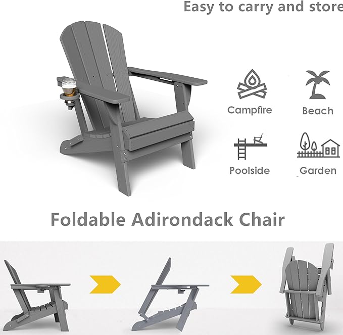 GLANC Folding Adirondack Chair Set of 2, HDPE All-Weather Outdoor Patio Fire Pit Chairs Lawn Chair for Poolside Backyard Deck Balcony, Wooden Textured with Cup Holder, 380LBS Capacity (Grey)