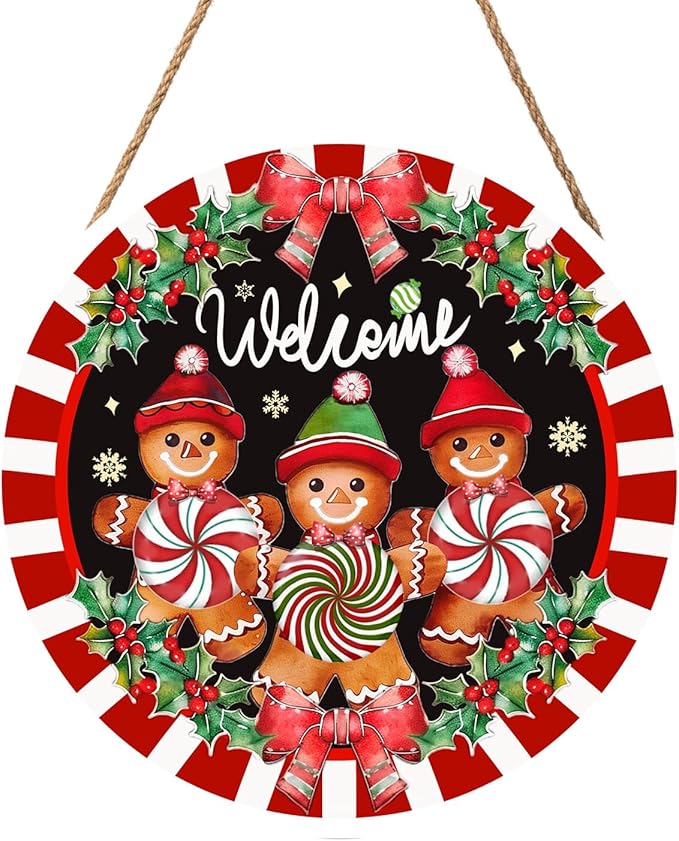 Christmas Gingerbread Man Welcome Door Sign For Front Door Decor,Red White Stripes Holly Berry Wooden Sign 12"x 12" Round Wood Hanging Door Sign Christmas Decoration for Wall Rustic Decor