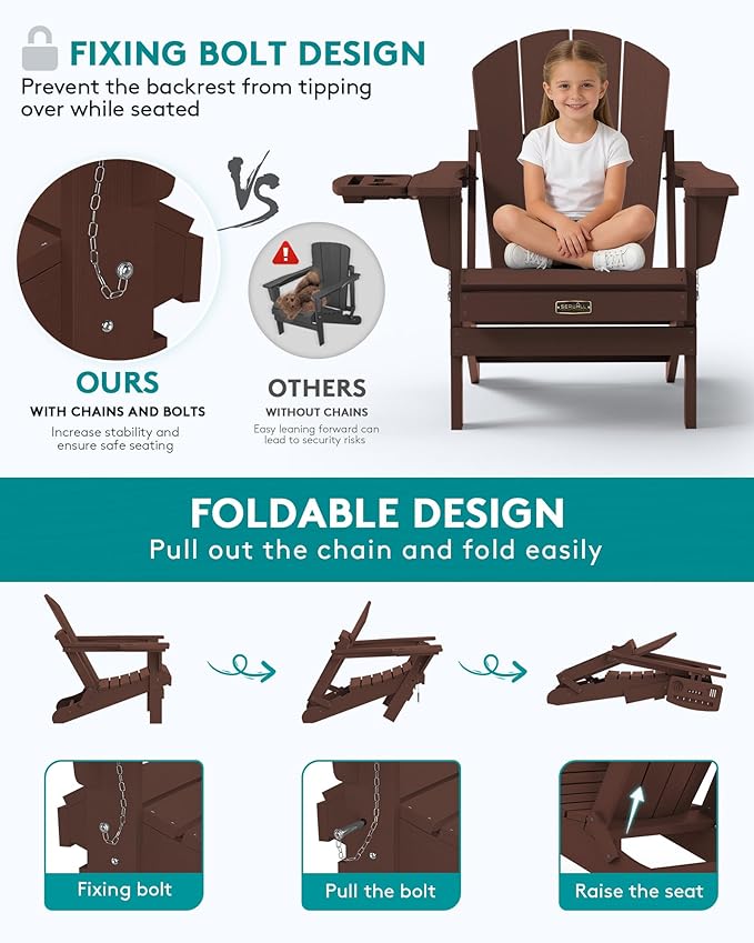SERWALL Folding Adirondack Chair for Outdoor, Paito Adirondack Chairs with 4 in 1 Cup Holder, All-Weather Patio Chairs with Wood Texture, Fire Pit Chairs for Deck Porch Garden Poolside -Coffee