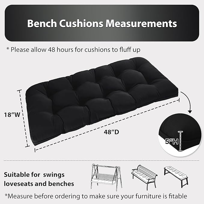 Tufted Bench Cushions for Outdoor Furniture, 48" x 18" Porch Swing Cushions Filled with Foam, Overstuffed Patio Cushions for Bench Loveseat with 2-3 Seats,Thick and Water Resistant, Black