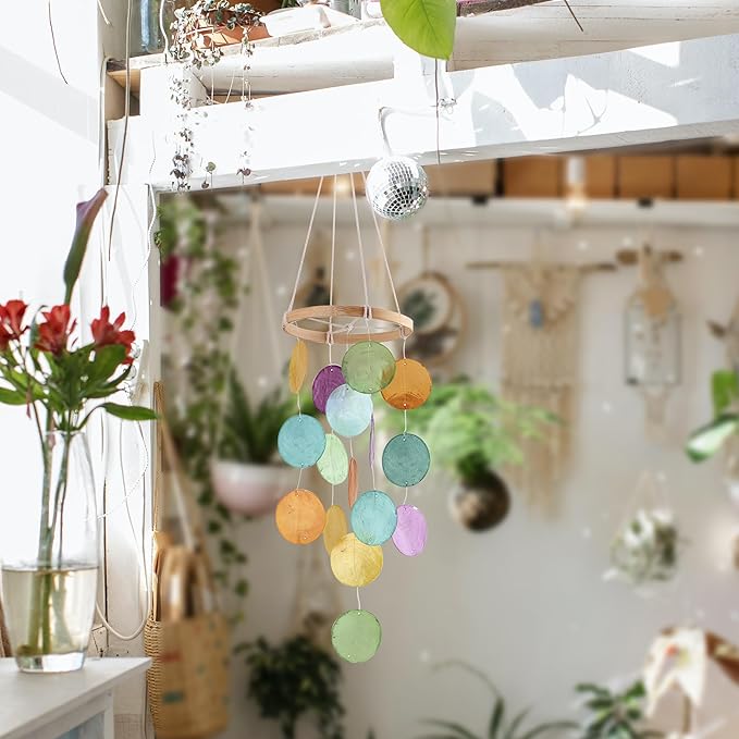 Capiz Wind Chimes for Outside, Outdoor Seashell Hanging Beach Coast Ocean Home Decorative, Rainbow Color Natural Shell Waterfall Windchimes for Summer Patio, Window, Porch, Memorial Gift（Multicolor