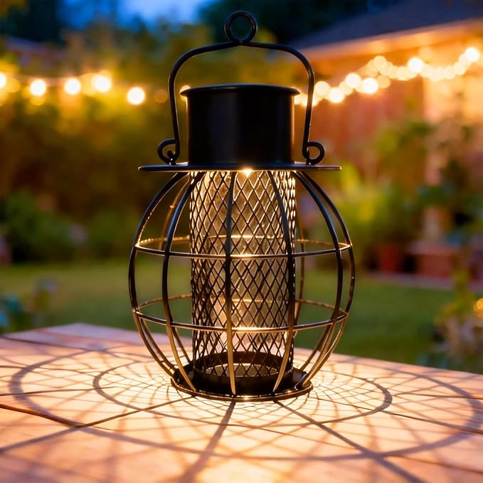 Solar Bird Feeder for Outdoors- Heavy Duty Metal Bird Feeder Squirrel Proof with Lights,Chew-Proof,Outdoor Solar Lantern Feeder for Small Birds, Unique Gifts for Mom, Grandma (Black)