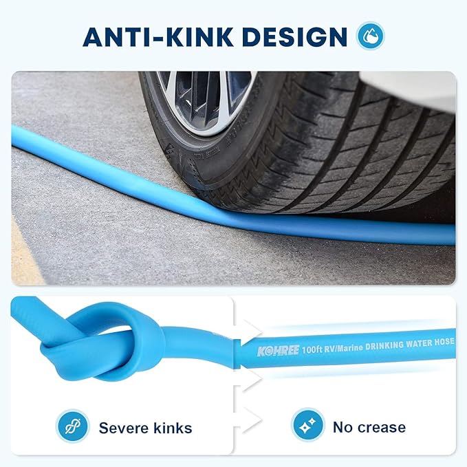 Kohree 100 FT RV Water Hose, 5/8" Premium Drinking Water Hose, Leak Free, No Kink, Long Garden Hose 100 ft with Storage Bag, Ideal for RV, Camper, Truck, Garden - Blue