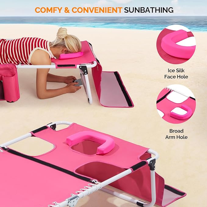 Bonnlo Oversized Folding Tanning Chair with Face Hole & Carrying Bag,Beach Lounge Chair Outdoor for Adults, Portable Sunbathing Recliner,Laying Out Chairs for Tanning Lounger Outside,Supports 265 lbs