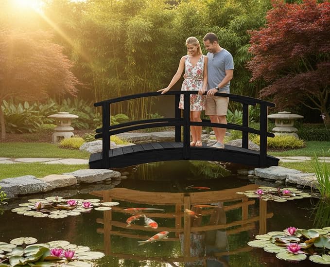 8 FT Black Amish Made Garden Bridge with Double Rails for Walkway, Backyard Pond & Landscaping, Outdoor Wooden Footbridge for Koi Pond, Japanese Style Decorative Bridge, Made in USA