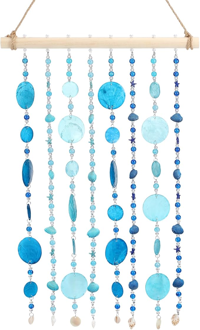 Novabright Capiz Shell Wind Chime for Outside Handmade Ocean Themed Shell Wind Chimes for Outdoors Coastal Nautical Decor for Patio Garden Porch Beach Themed Gift for Nature Lovers(Modern,Blue)