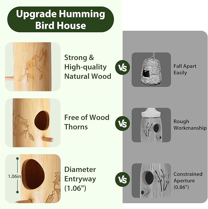Hummingbird House, Wooden Hummingbird Houses for Outside Hanging, Nest Swinging, Wooden Bird Houses with Cotton, Bow, String, Gardening Gifts Decoration (1 Pack)