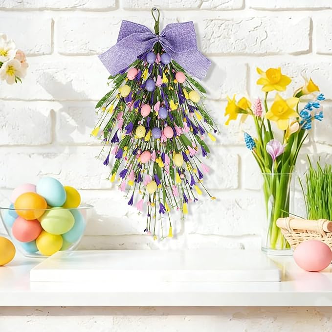 2 Pack 24'' Easter Teardrop Swags for Front Door Pastel Easter Eggs Teardrop Wreath Artificial Spring Floral Hanging Swags with Ribbon Berry for Farmhouse Home Outdoor Window Cabinet Wall Decor