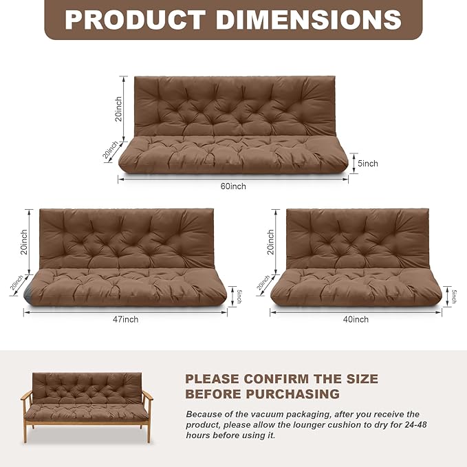 Porch Swing Cushions,Outdoor Cushions 3 Seater Replacement with Backrest, Waterproof Thickened Bench Cushion with Ties for Porch, Patio,Outdoor, Backyard and Garden (Coffee 40 * 40 in)