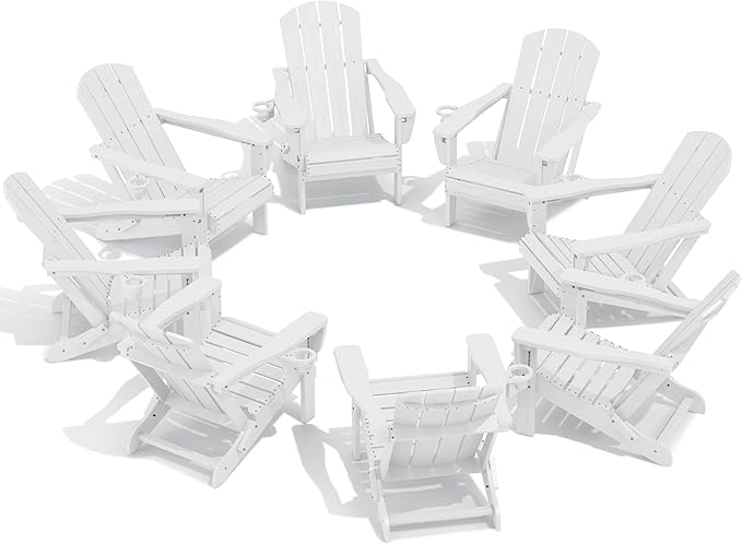 SERWALL Folding Adirondack Chair Set of 8, Reclining Adirondack Chair with 3 Recline Positions, All Weather HDPE Outdoor Adirondack, White