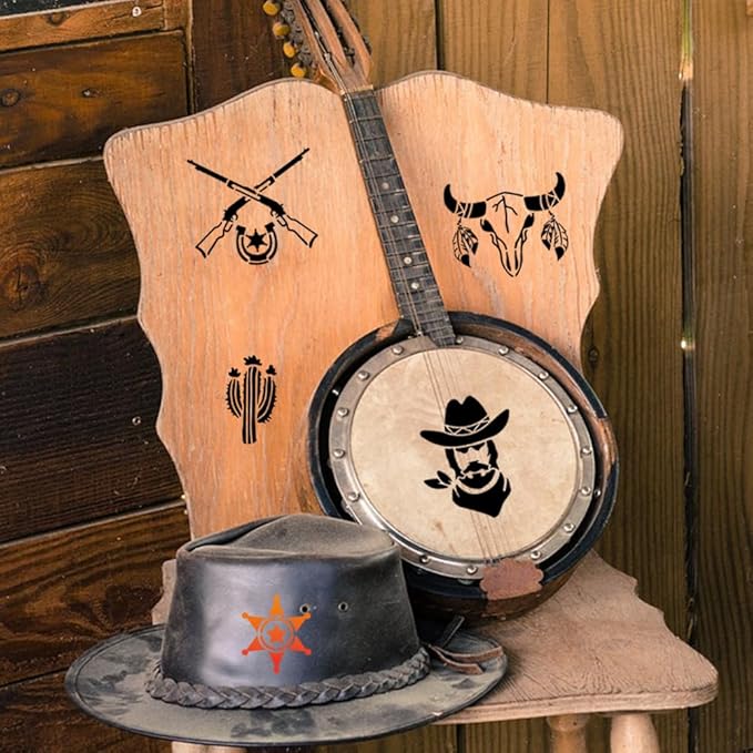 MAYJOYDIY 2pcs Western Cowboy Tribal Stencils 11.8×11.8inch Large Cowboy Boots Hat Cow Skull Stencils with Paint Brush Square Cowboy Theme Drawing Template for Wood Canvas Furniture Craft Decor