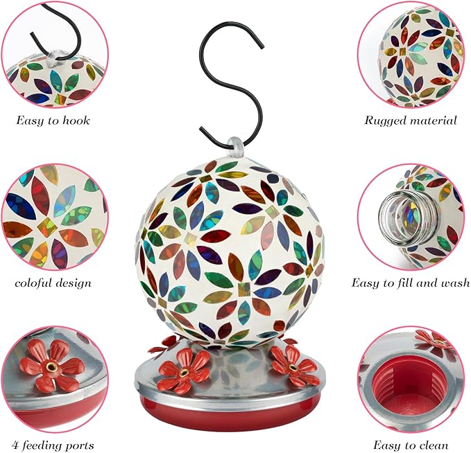 Backyard Expressions Glass Hummingbird Feeder - Multicolor - Hummingbird Feeders for Outdoors Hanging, Hand Blown Glass Hummingbird Feeder
