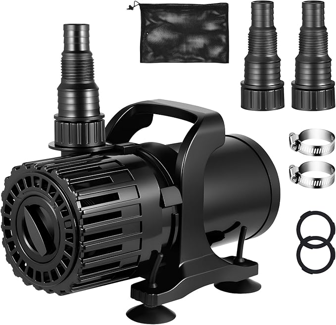 1800GPH Pond Pump with Adjustable Flow Control, 100W Submersible Waterfall & Fountain Pump, 0–180° Rotatable Outlet, Filter Bag, IPX8, UL Listed, Black