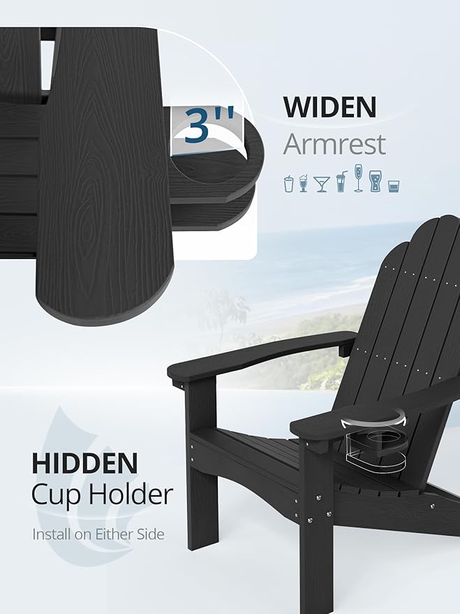 LUE BONA HDPE Adirondack Chair,Plastic Adirondack Chairs with Cup Holder Weather Resistant for Outdoor, Patio, Lawn, Garden, Backyard Deck, Fire Pit, Black
