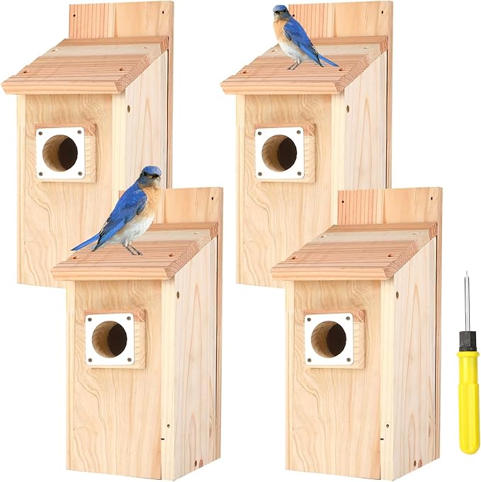 4-Pack Bird Houses for Outside with Metal Predator Guard, Birdhouses for Outdoors for Bluebird, Wren, Swallow, Finch - Natural Wood