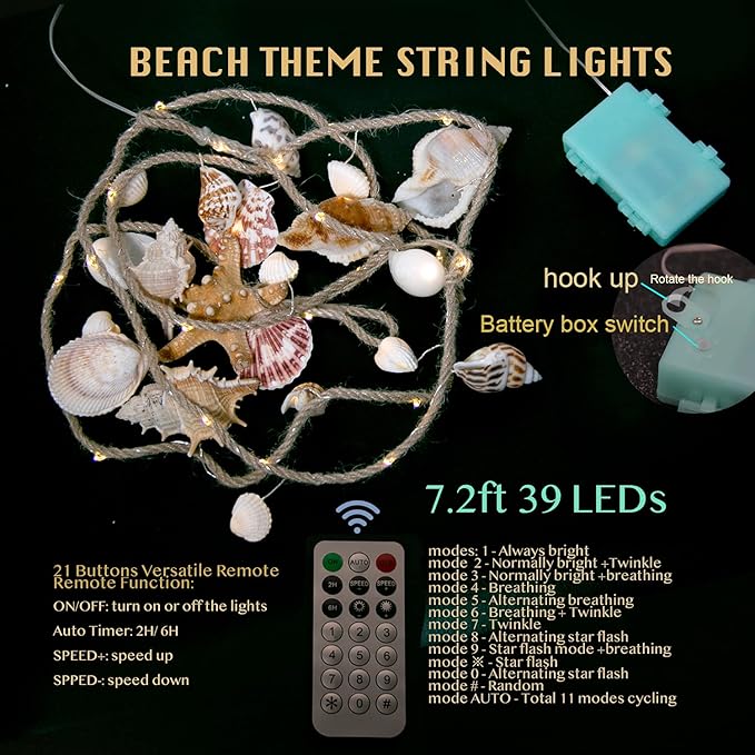 Seashell Garland Ocean Light for Beach Decor 7.2FT 39LED Battery Operated Coastal Garland Magic Conch Shell Beach Decorations for Home Coconut Girl Room Decor