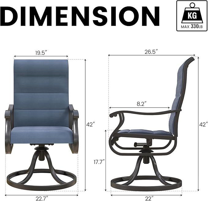 Patio Swivel Chairs Set of 2, Outdoor Dining Chairs with High Back, All-Weather Swivel Rocker Chair for Lawn, Porch or Garden (Padded Navy)