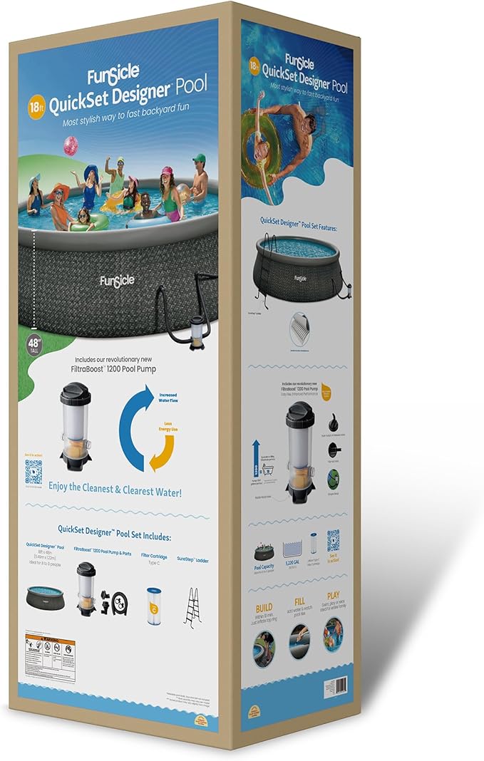 Funsicle Quickset Designer 18' x 48" Round Above Ground Swimming Pool, with FiltraBoost 1200 GPH Filter Pump, Ladder, Type C Filter Cartridge & Repair Patch, Dark Herringbone