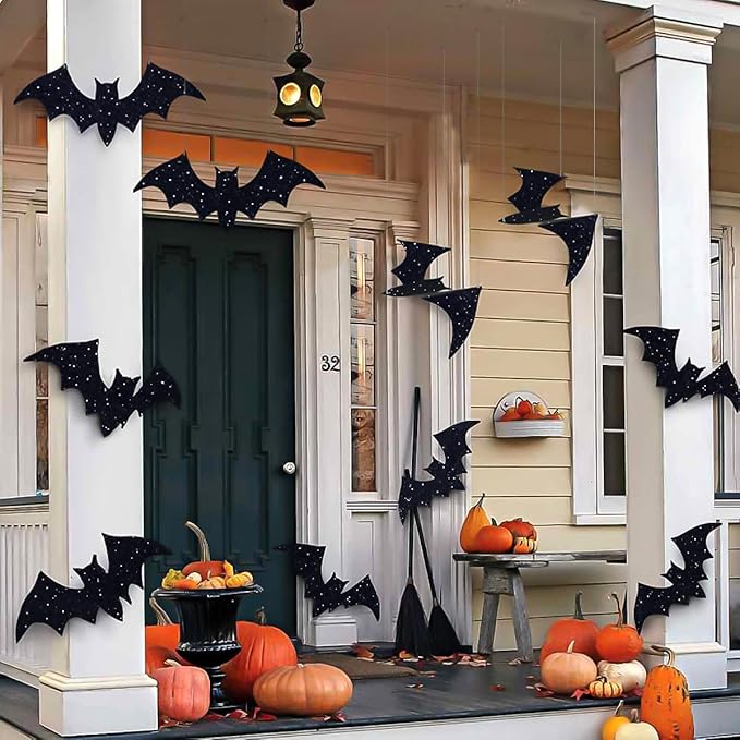 Halloween Decorations Outdoor: 10Pcs Hanging Bats Stickers Wall Decals Window Sticker, Large 3D Bats with glitter Removable Halloween Yard Front Door Porch Decoration Party Gothic Decor Indoor