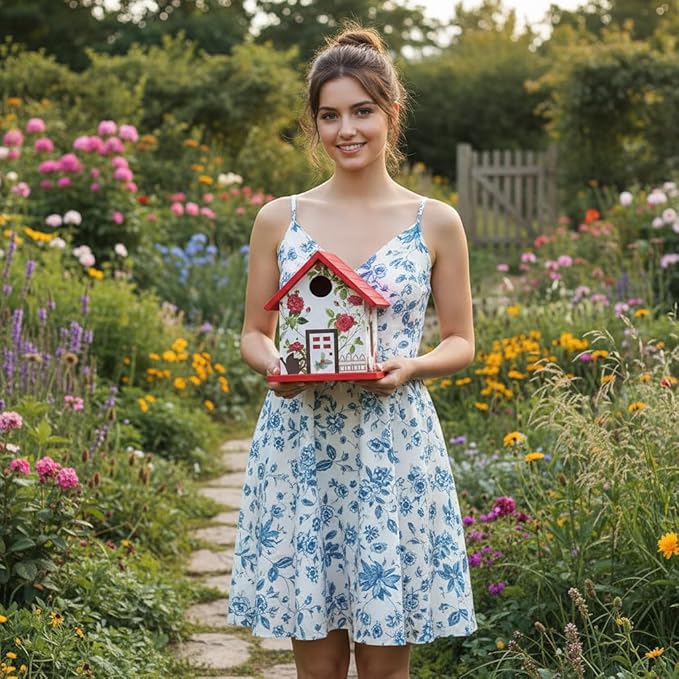 Spring Melody Bird House, Composite Material Nesting Box, Hanging Birdhouse for Blue Bird, Squirrel Proof Birdhouse for Outside, 10 Years Water Proof Weatherable Pole Mountable Bird House (Red)