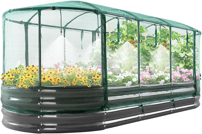 Quictent Galvanized Raised Garden Bed Kit with Self Watering System and Mesh Cover, Large Oval Metal Outdoor Planter Garden Boxes for Vegetables Herbs Flowers, 8x3x1Ft