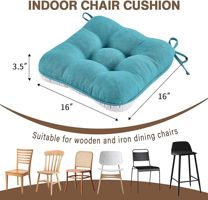 BETU Chair Cushions for Dining Chairs Set of 6,3.5" Thick Kitchen Table Chair Pads with Ties,Non Slip Backing and Covers, Seat Cushion for Dining Room,Bar,Patio Chairs,16"X16"X3.5",Teal