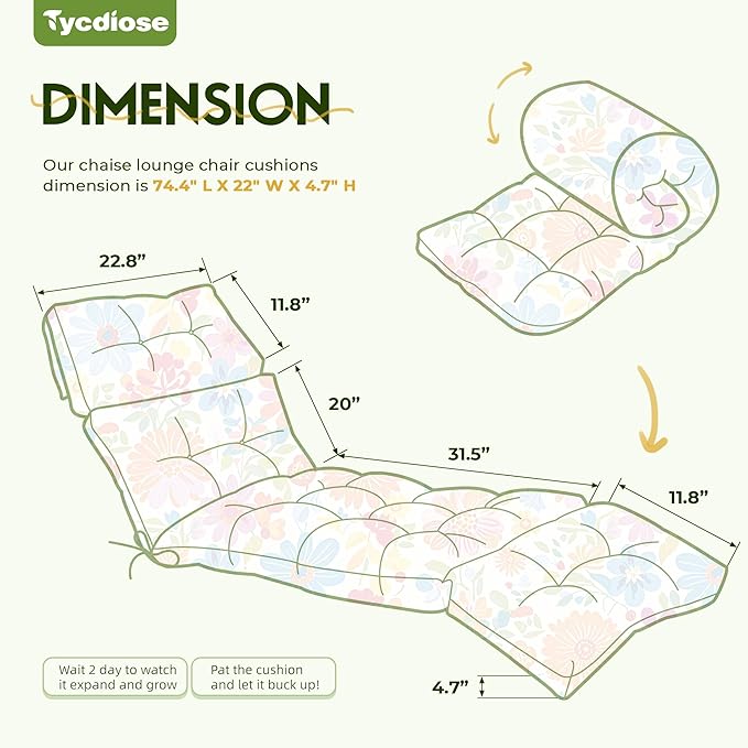 Outdoor Chaise Lounge Chair Cushion Waterproof 74.4 x 22 x 4.7 Inches Memory Foam Lounge Chair Cushions for Outdoor Furniture with Ties, Thickened Pool Lounger Cushion, Colorful Daisy