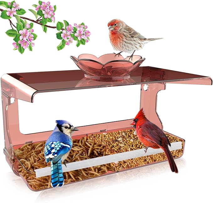 Window Bird Feeder with Non-Marking Self-Adhesive Hooks, Clear and Transparent, Outdoor Wild Bird Watching Gift, Garden Decor (Red)