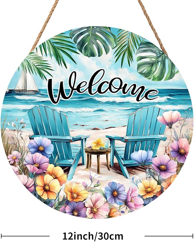 Welcome Spring Summer Sea Chair Door Sign For Front Door Decor,Coastal Beach Palm Leaf Flowers Wooden Sign 12"x 12" Round Summer Hanging Door Sign Decoration for Wall Rustic Decor