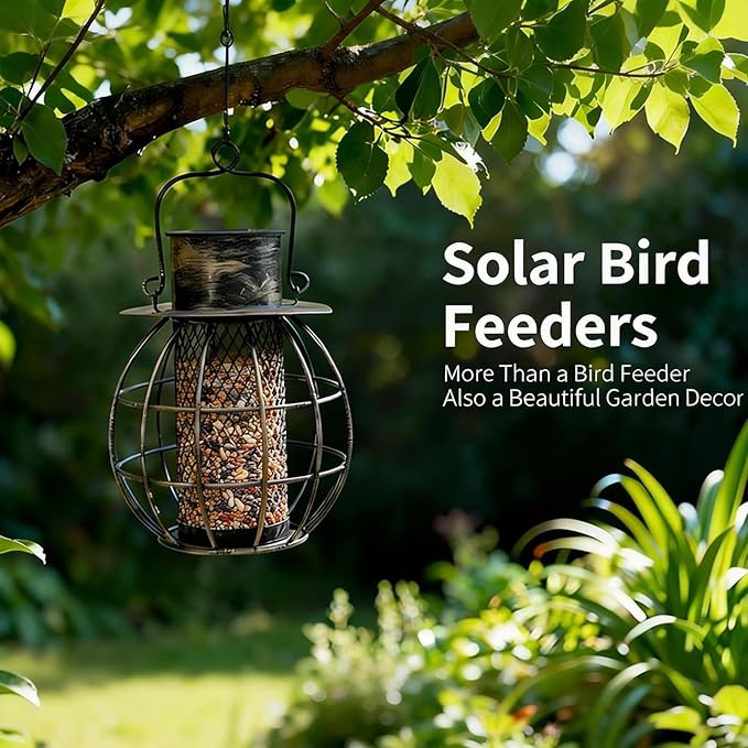 Metal Bird Feeder for Outdoors Hanging,Squirrel Proof Bird Feeder for Wild Birds,Solar Lantern Feeder for Small Birds, Garden Decor for Outside,Unique Gifts for Mom, Grandma (Bronze)