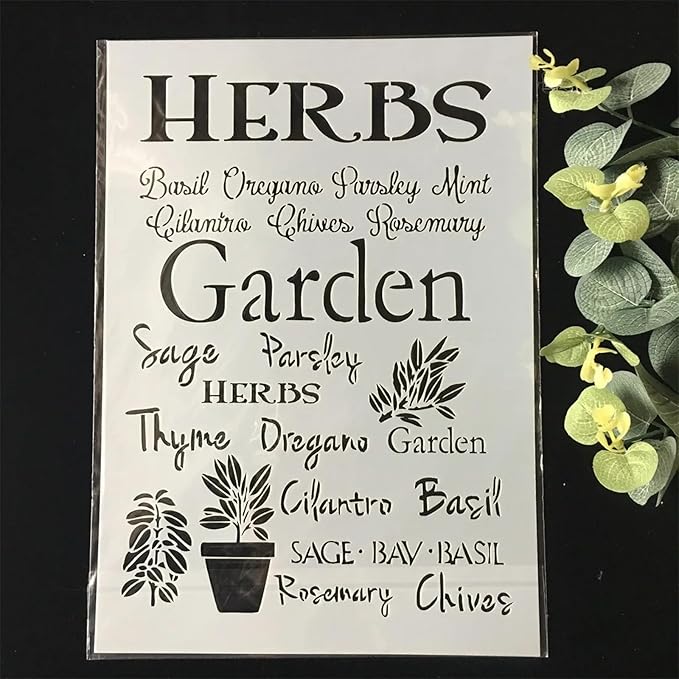 TIAMECH A4 Reusable Herbs Garden Stencil for Painting - Plants Pot Layering Template, DIY Wall Art, Wood Furniture, Scrapbook & Crafts (8.3x11.7inch)
