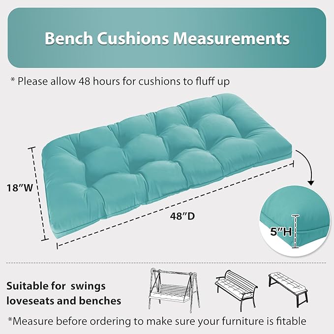 Tufted Bench Cushions for Outdoor Furniture, 48" x 18" Porch Swing Cushions Filled with Foam, Overstuffed Patio Cushions for Bench Loveseat with 2-3 Seats,Thick and Water Resistant, Teal